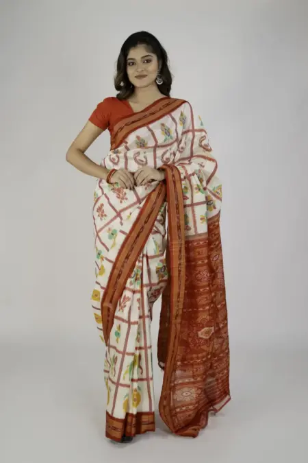 Pure Mulberry Silk White and Red Nabakothi Khandua Saree