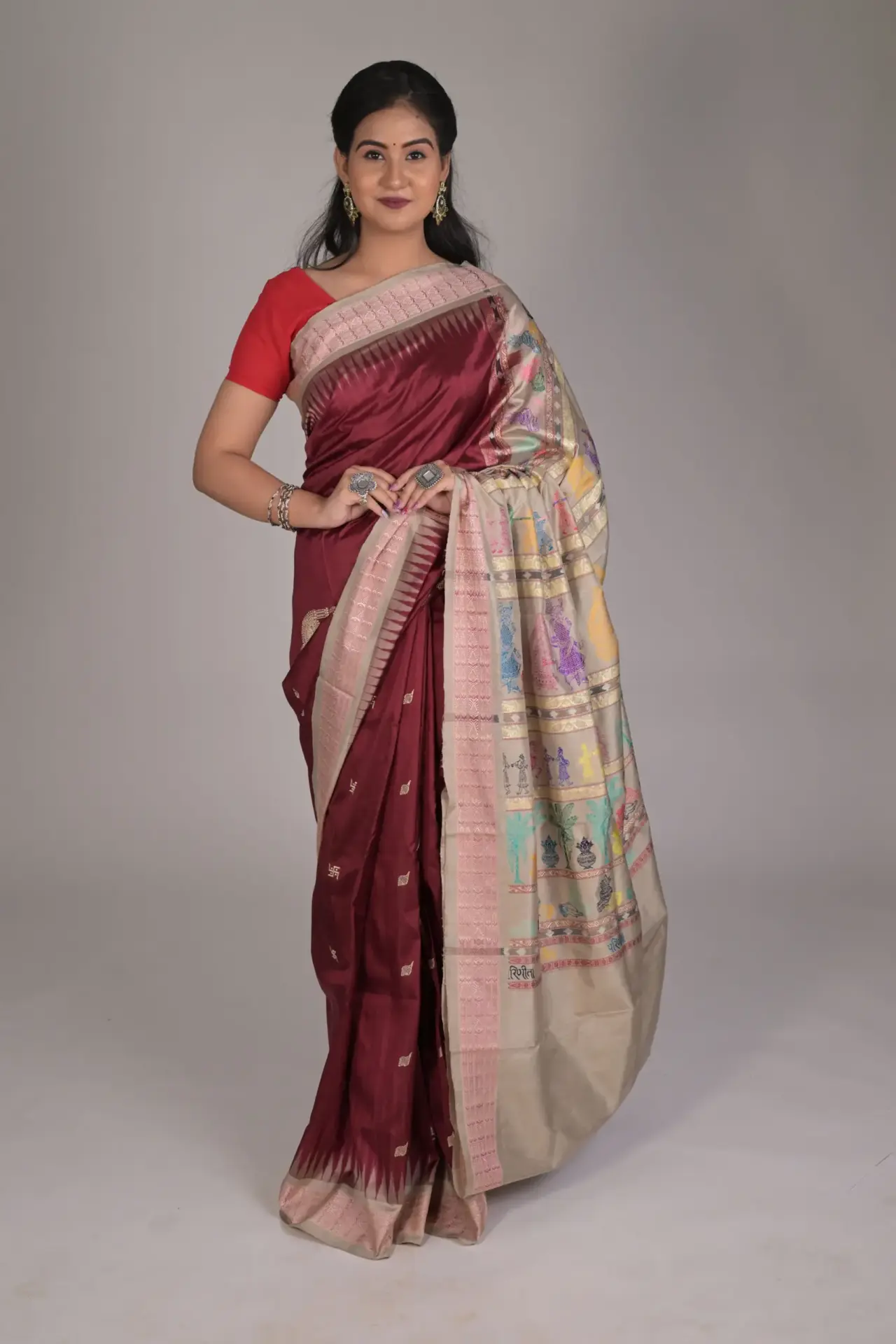 Pure Mulberry Silk Maroon and Beige Khandua Saree with Sacred Elephant Ikat Design