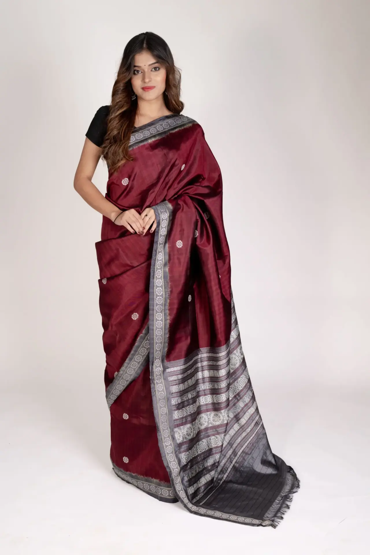 Pure Mulberry Silk Maroon Khandua Saree with Konark Chakra Ikat Design