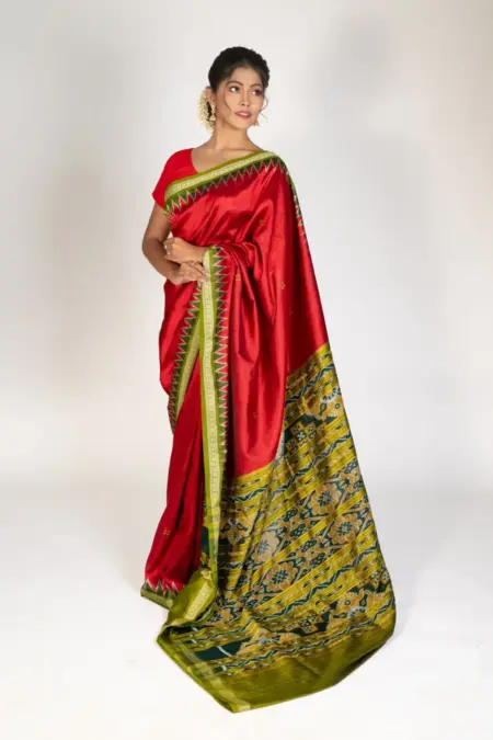 Pure Mulberry Silk Red and Gold Khandua Saree with Floral Buti Motifs