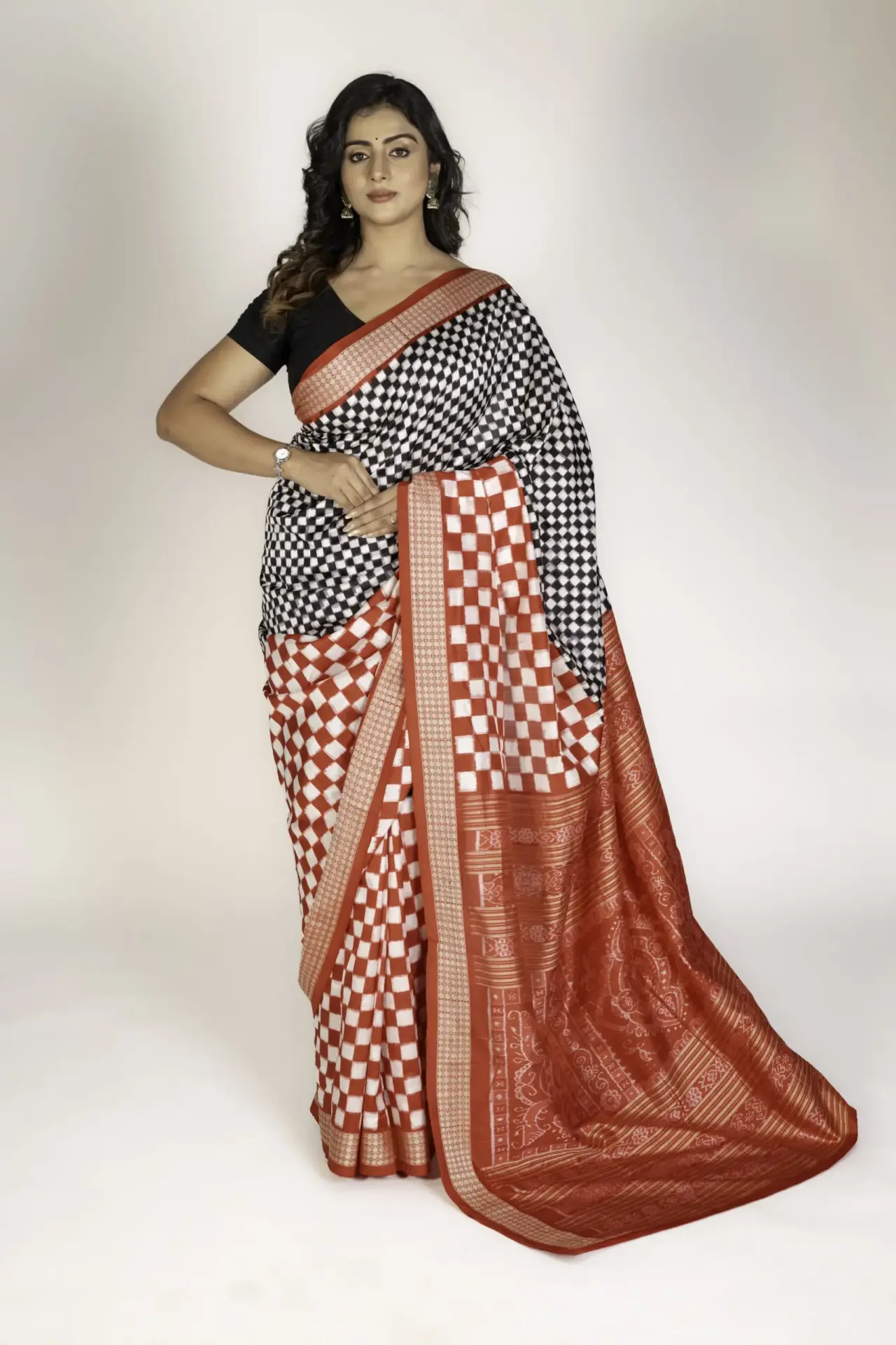 Pure Mulberry Silk Black White and Red Bomkai Saree with Monochrome Pasapalli Ikat