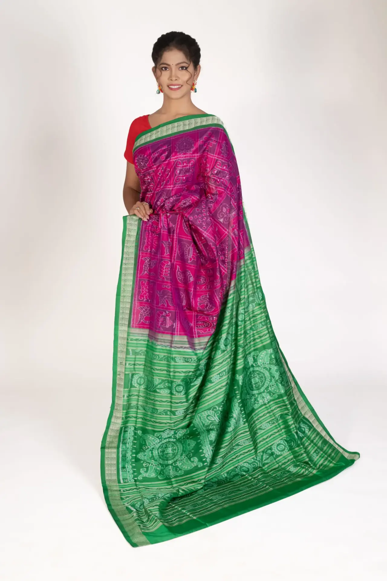 Pure Mulberry Silk Pink and Green Bomkai Saree with Nabakothi Motifs