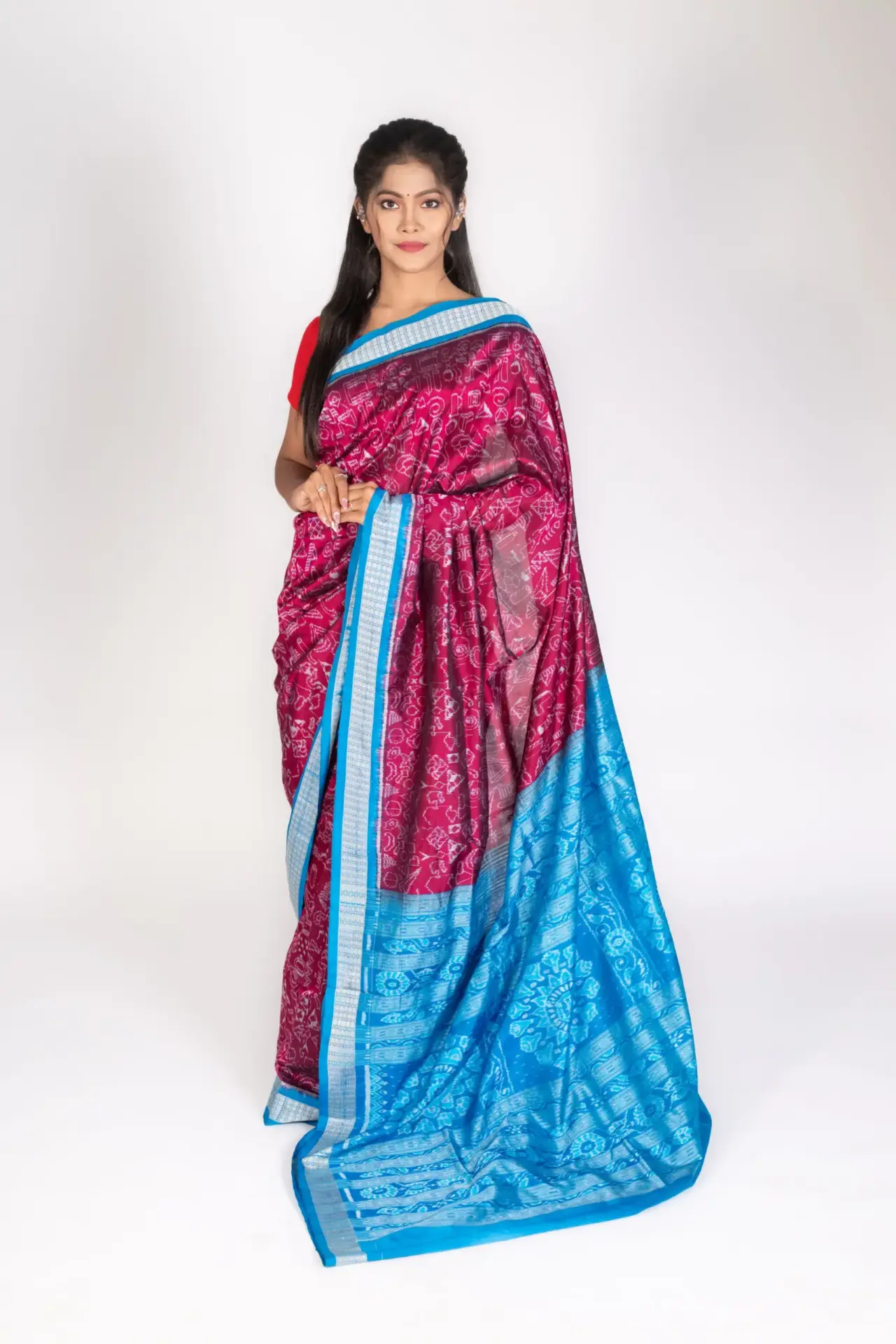 Pure Mulberry Silk Blue and Maroon Bomkai Saree with Tribal Motifs