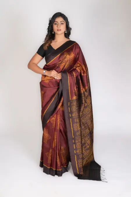 Pure Mulberry Silk Maroon and Black Khandua Saree with Traditional Jhoti Motifs