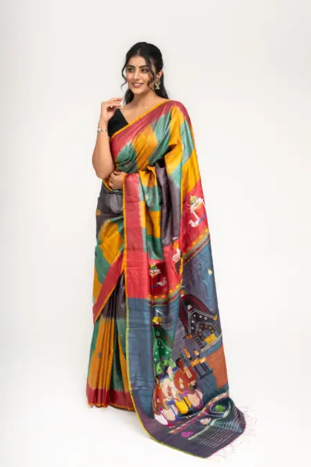 Pure Mulberry Silk Tricolour Tussar Saree with Rath Yatra Motifs