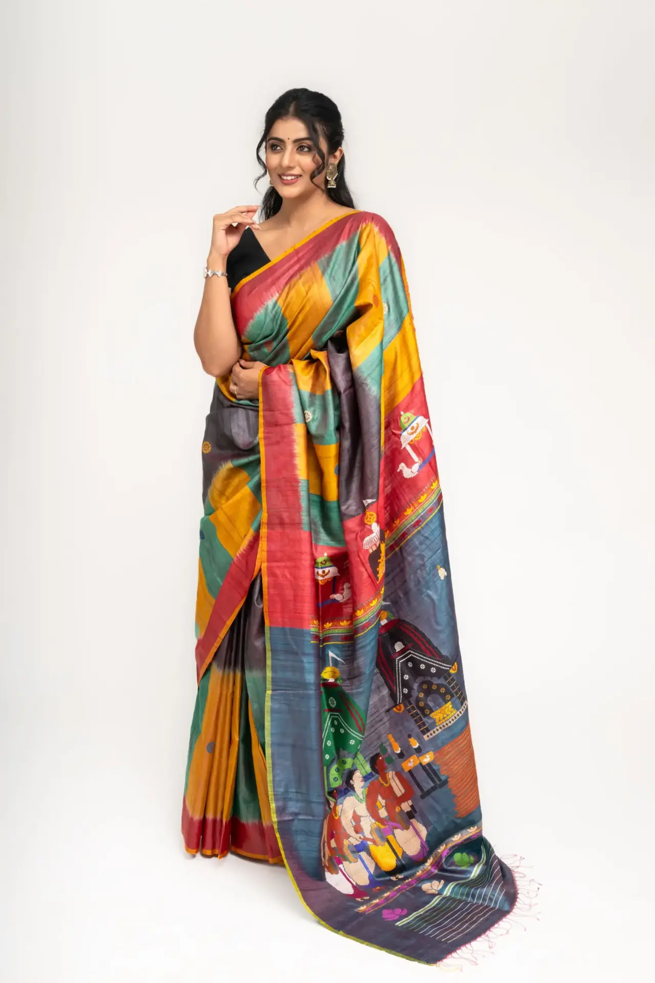 Pure Mulberry Silk Tricolour Tussar Saree with Rath Yatra Motifs