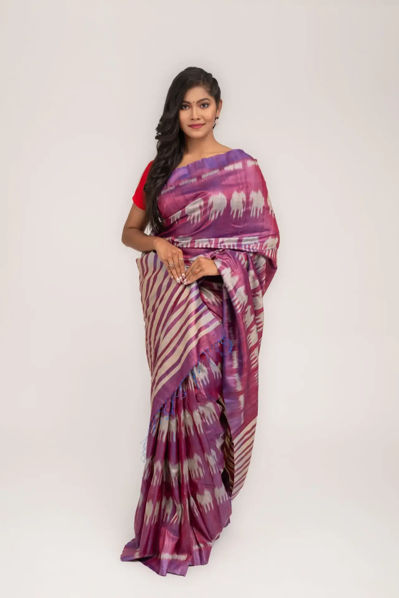 Pure Mulberry Silk Purple Tussar Saree with Elephant Ikat