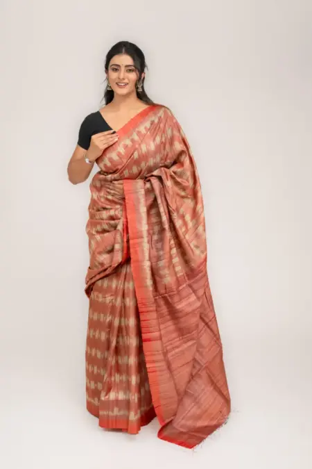 Pure Mulberry Silk Red Tussar Saree with Fence Ikat