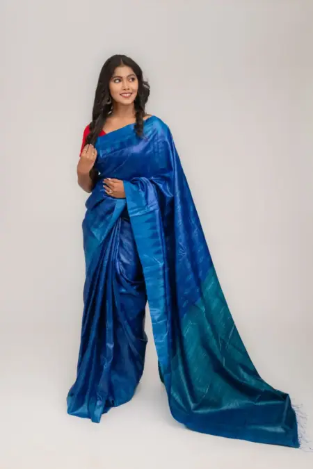 Pure Mulberry Silk Blue Tussar Saree with Diamond Ikat