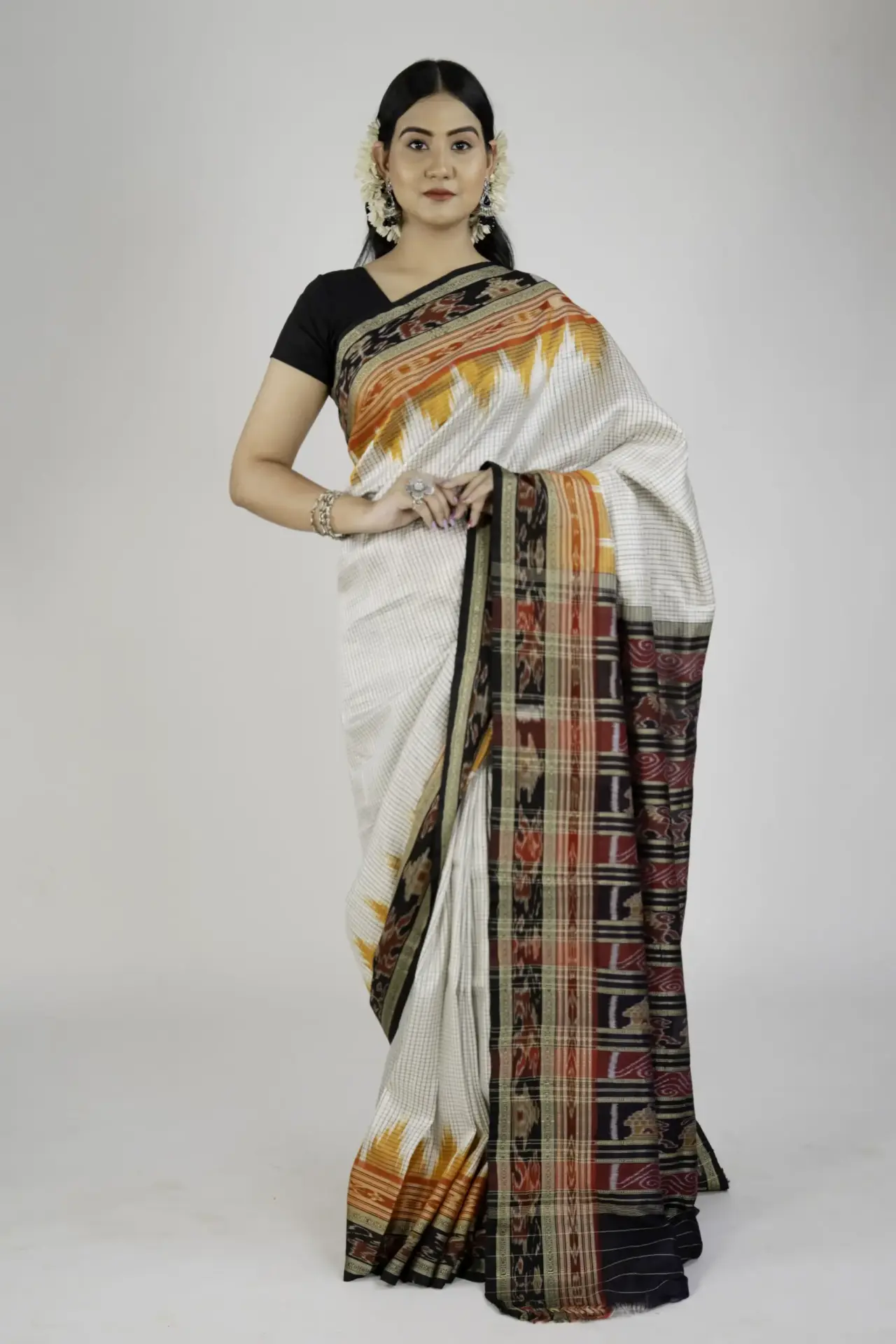 Pure Mulberry Silk Off White and Brown Khandua Saree with Sachipara Checks