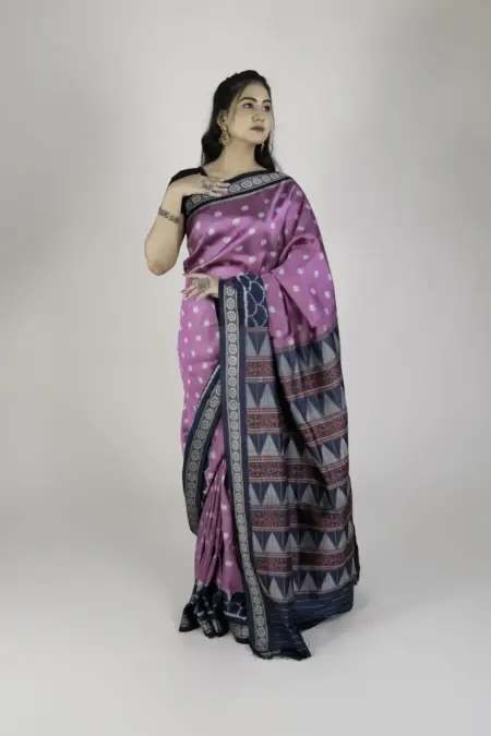 Pure Mulberry Silk Pink and Black Khandua Saree with Kumbha Peaks