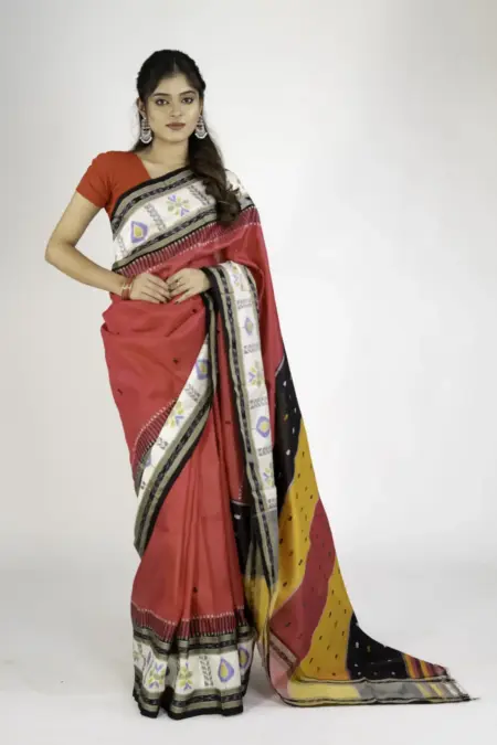 Pure Mulberry Silk Red and Gold Khandua Saree with Geometric Box Border