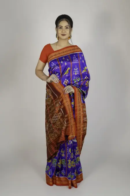 Pure Mulberry Silk Blue and Orange Khandua Saree with Nabakothi Motifs
