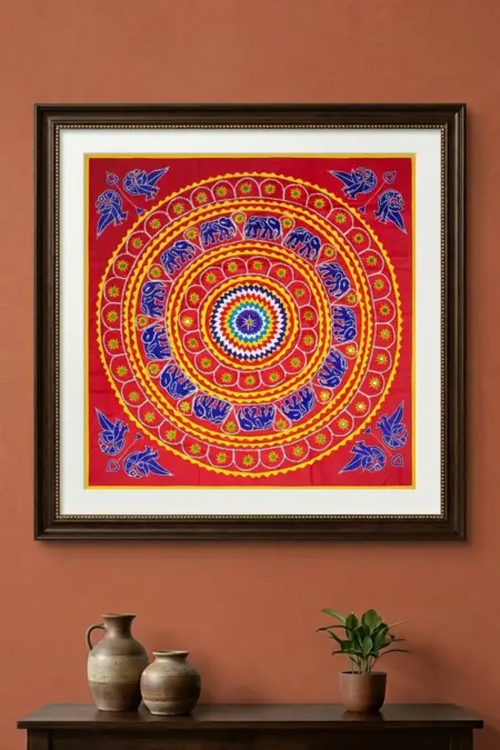 Red Chandua with Elephant and Peacock Design